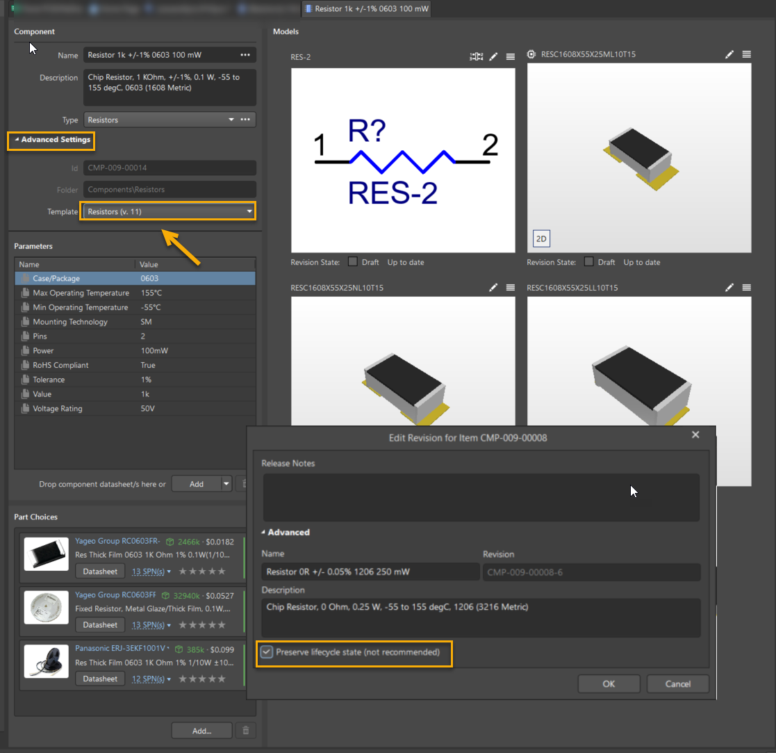 Altium Designer component editor showing Advanced Settings with the component template set to an older revision, models previewed, and an Edit Revision dialog where Preserve lifecycle state is enabled while updating the component revision.
