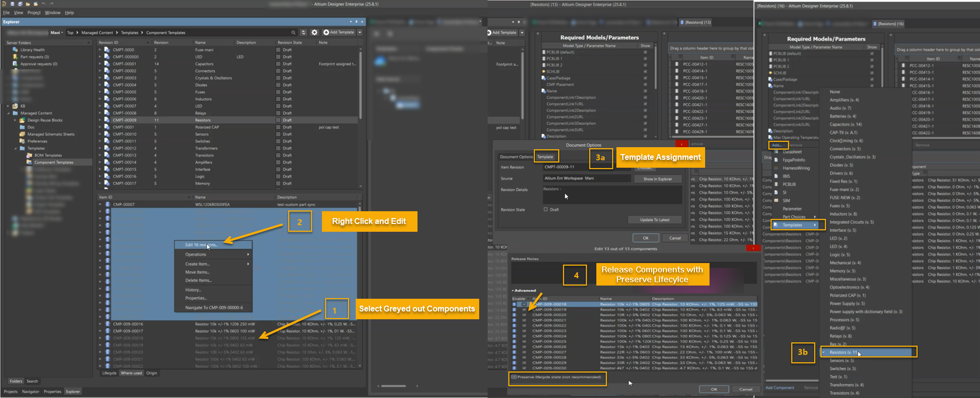 Altium Designer Explorer and component editor workflow showing steps to fix components using outdated templates: selecting greyed‑out components, editing items, assigning a newer component template, and releasing updates with preserve lifecycle enabled.