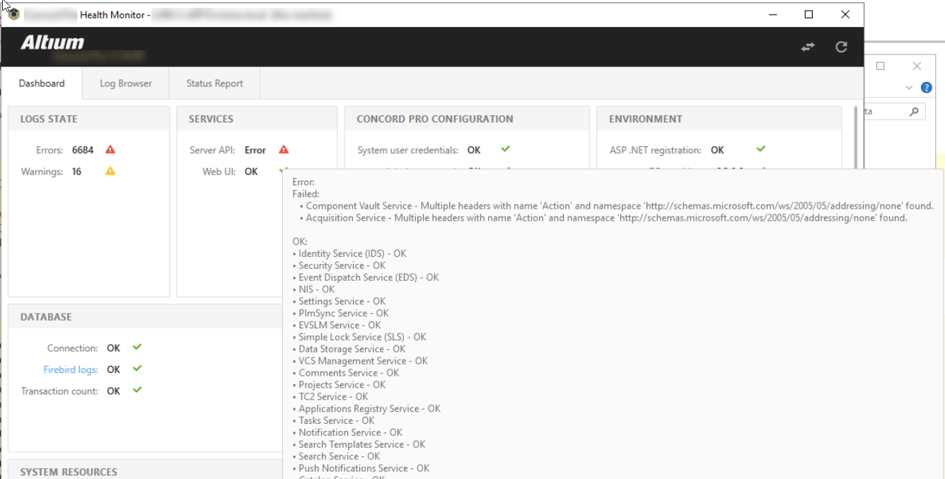 Altium Health Monitor dashboard showing system status, with Server API marked Error and details reporting Vault Service and Acquisition Service failures due to multiple 'Action' headers in the WS‑Addressing namespace; most other services show OK.