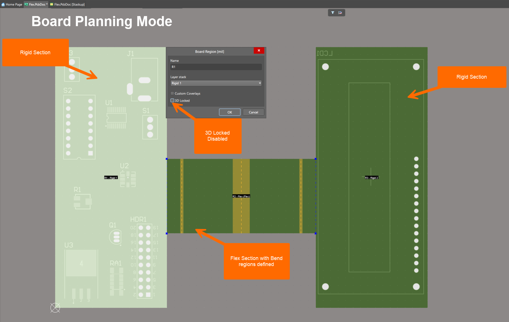 Altium Designer Board Planning Mode showing a rigid‑flex PCB with two rigid regions and a central flex section with bend regions, and a Board Region dialog where the rigid layer stack is selected and the 3D Locked option is disabled.