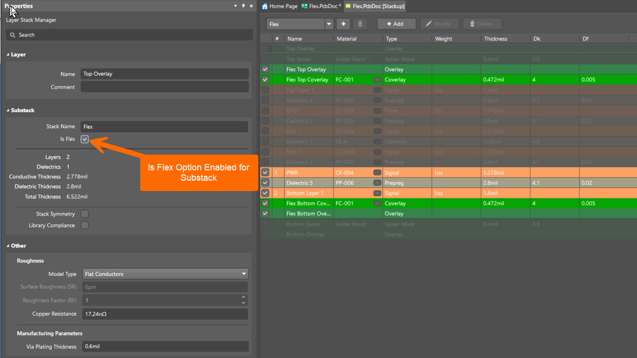 Altium Designer Layer Stack Manager showing a Flex substack with “Is Flex” enabled, listing flex overlay, signal, dielectric, and coverlay layers with thickness and material details, confirming the substack is configured as a flexible stack.