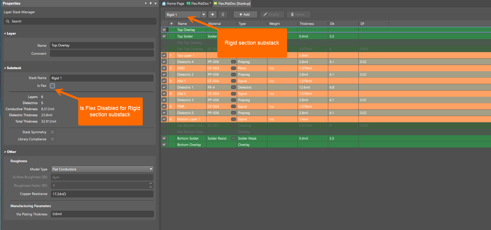Altium Designer Layer Stack Manager showing the Rigid 1 substack selected, with Is Flex unchecked, listing rigid signal, plane, dielectric, solder mask, and overlay layers with thickness values, confirming the region is configured as rigid.