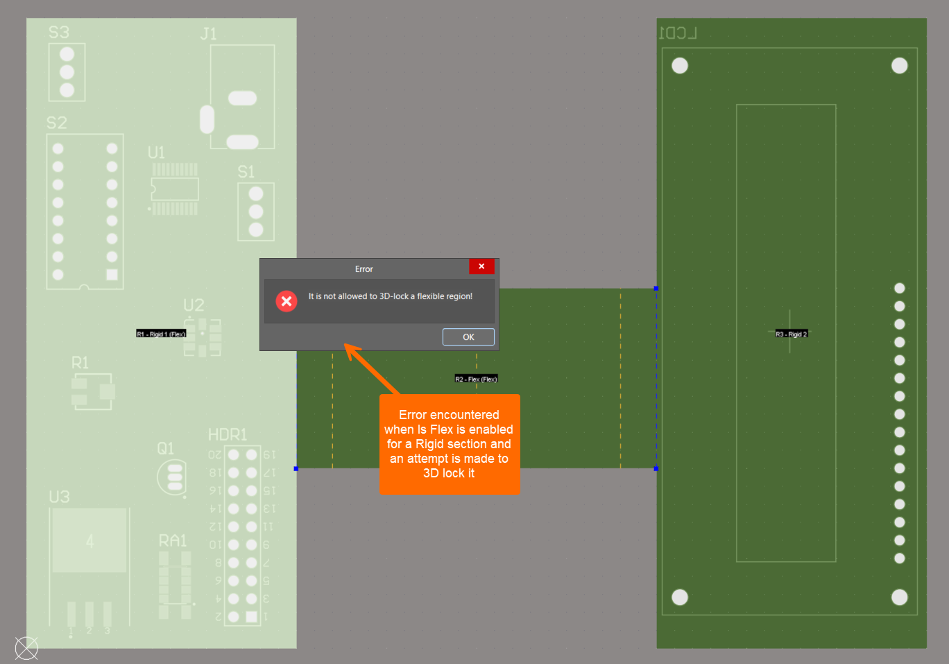 Altium Designer PCB editor showing a rigid‑flex board with a central flex region and an error dialog stating “It is not allowed to 3D‑lock a flexible region,” indicating an attempt to enable 3D Lock while the region is set as flex.