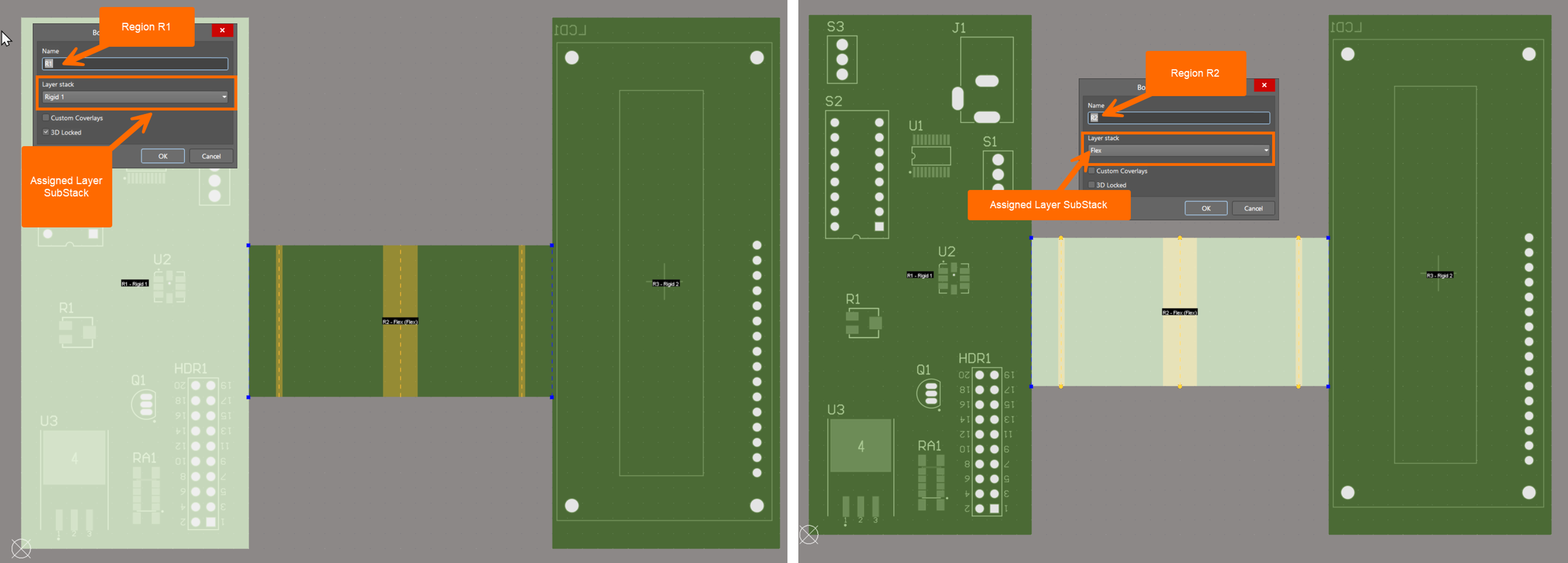 Altium Designer Board Planning Mode showing two board regions with different layer stacks: Region R1 assigned a rigid substack and Region R2 assigned a flex substack, illustrating correct rigid and flex region assignment in a rigid‑flex PCB.