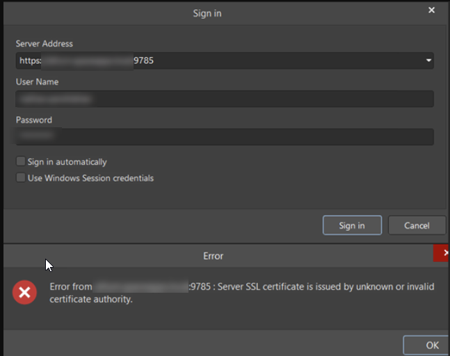 Sign-in dialog showing server address with port 9785 and login fields; error message states: “Server SSL certificate is issued by unknown or invalid certificate authority,” preventing sign-in.