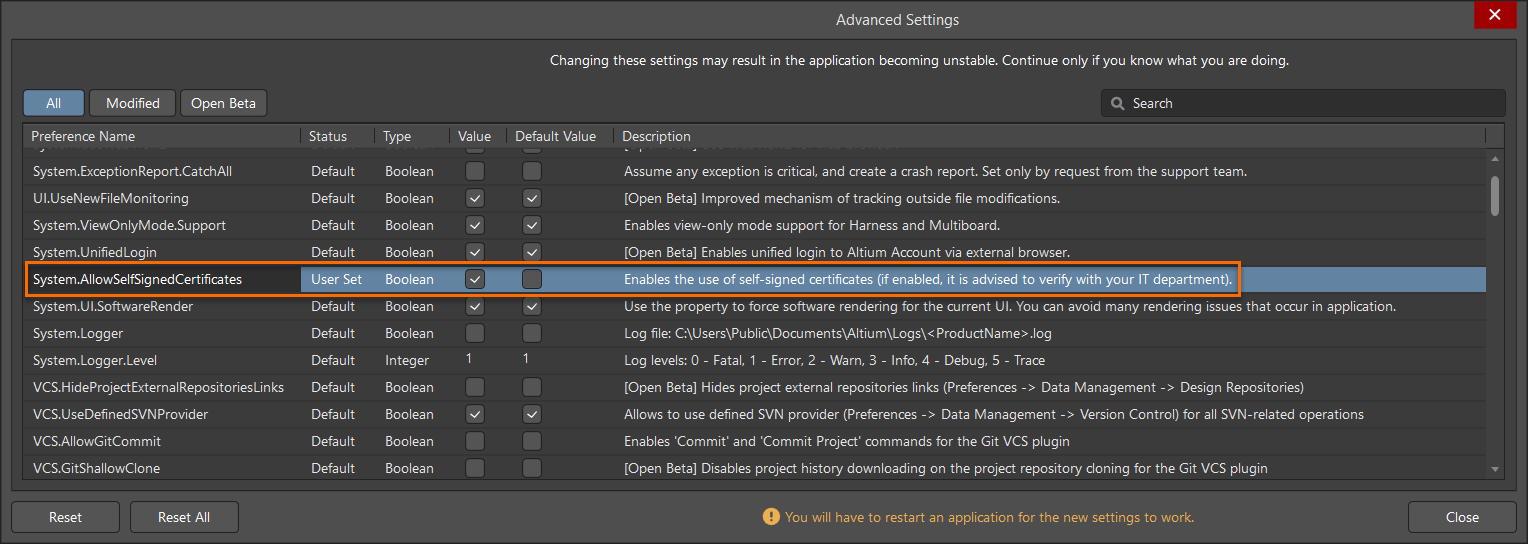 Altium Advanced Settings dialog showing System.AllowSelfSignedCertificates set to enabled (User Set), allowing self‑signed certificates, recommends verification with IT, and with a notice that the application must be restarted.