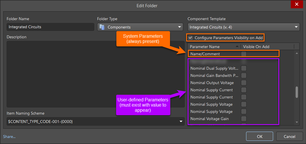 Altium Designer Edit Folder dialog for Components, with Configure Parameters Visibility on Add enabled. Name/Comment is a system parameter always visible; user‑defined parameters are listed with checkboxes and appear only when they have values.