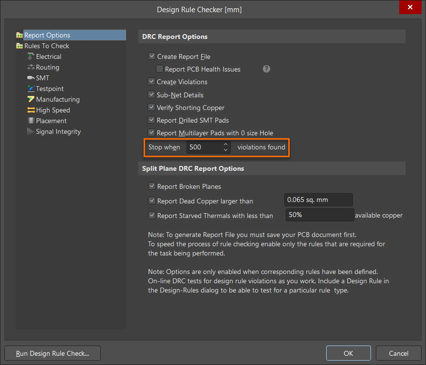 Altium Design Rule Checker dialog showing DRC Report Options, with “Stop when” set to 500 violations found.