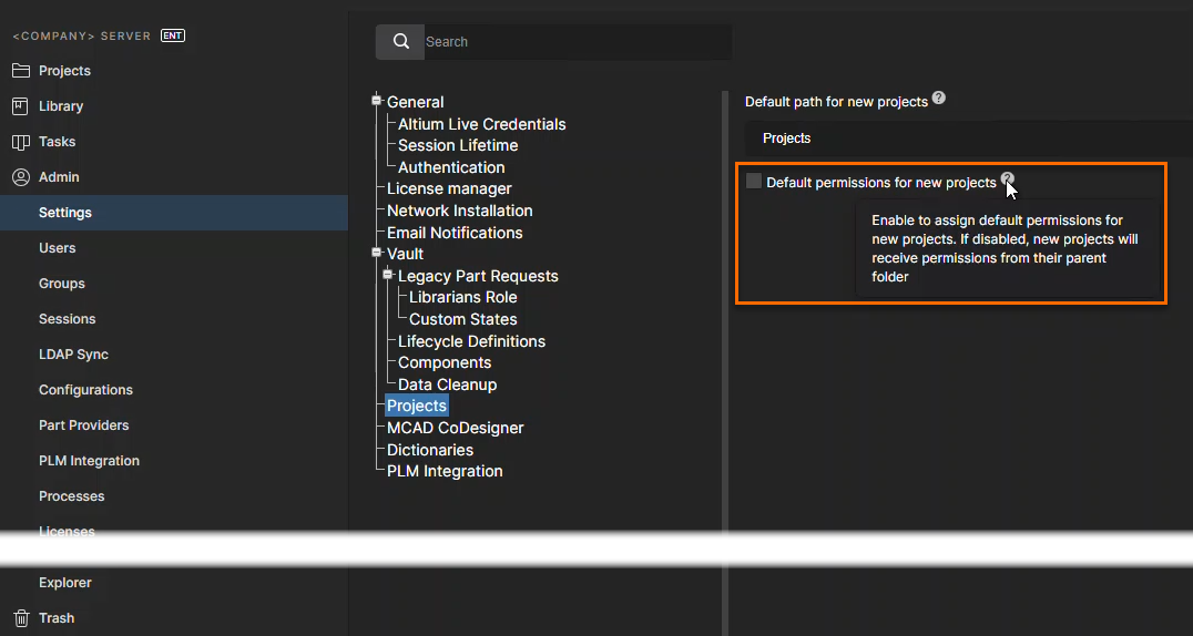 Server Admin Settings under Projects, showing “Default permissions for new projects” unchecked, indicating new projects inherit permissions from the parent folder instead of assigned default permissions.