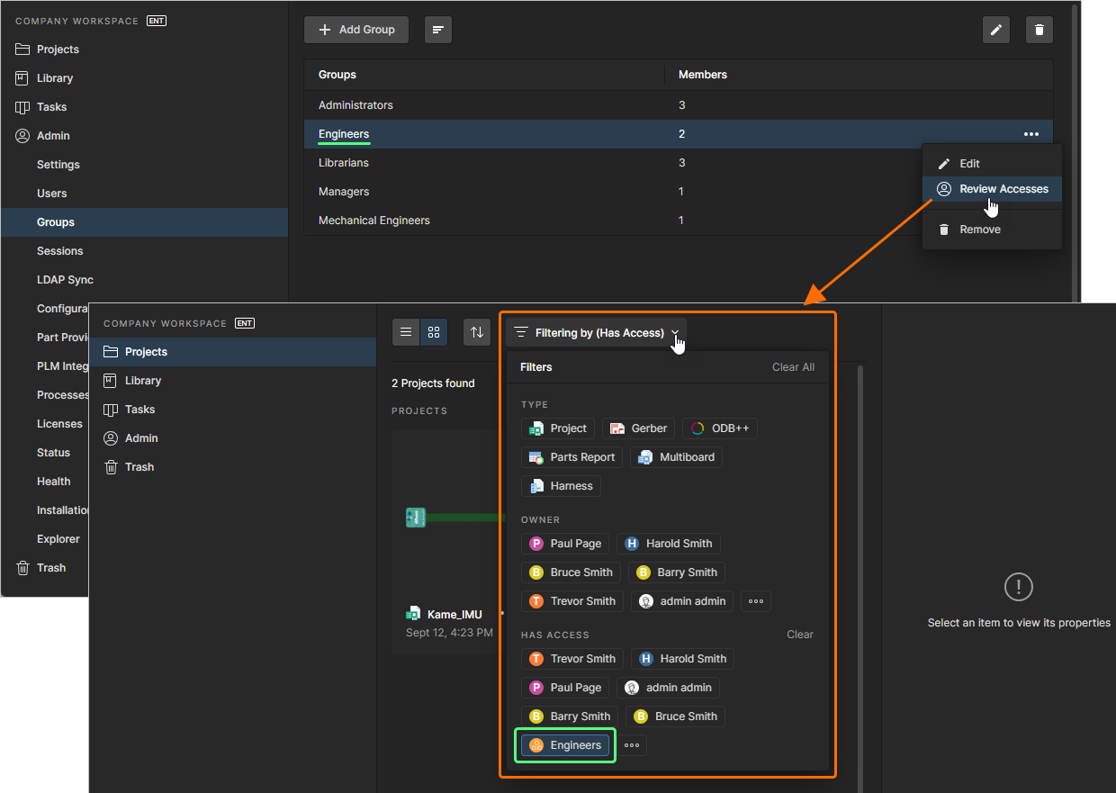 Company workspace showing Groups list and Projects view with “Filtering by Has Access” open; Engineers group selected, and projects filtered to those accessible by Engineers.