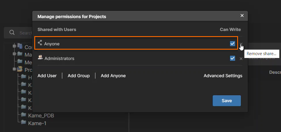 Manage permissions for Projects dialog showing shared users. “Anyone” has Can Write enabled with an option to remove the share.