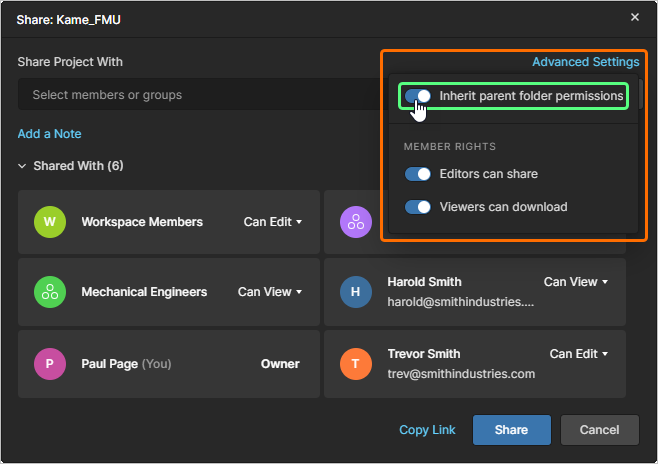 Share Project dialog showing Advanced Settings with “Inherit parent folder permissions” enabled, plus member rights options for editors sharing and viewers downloading, and a list of shared users and groups.