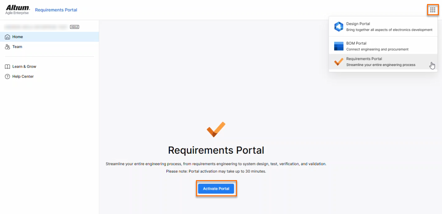 Altium Requirements Portal web page prompting activation, showing an Activate Portal button and an app menu listing Design Portal, BOM Portal, and Requirements Portal.