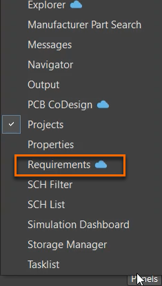 Altium Designer Panels menu listing tools such as Explorer, Projects, and Requirements, with the Requirements panel selected.