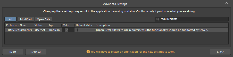 Altium Designer Advanced Settings dialog filtered for requirements, showing EDMS.Requirements Open Beta set to enabled, with a warning that a restart is required for the change to take effect.