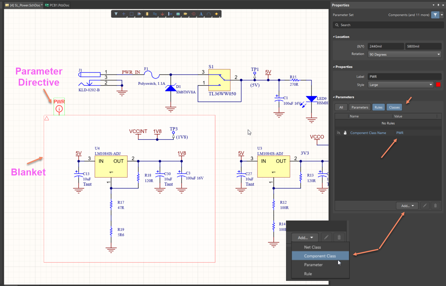 Altium schematic editor showing a power supply circuit. Annotations label a Parameter Directive on the PWR net, a dashed Blanket grouping regulators, and the Properties panel where a Component Class rule is added for PWR.