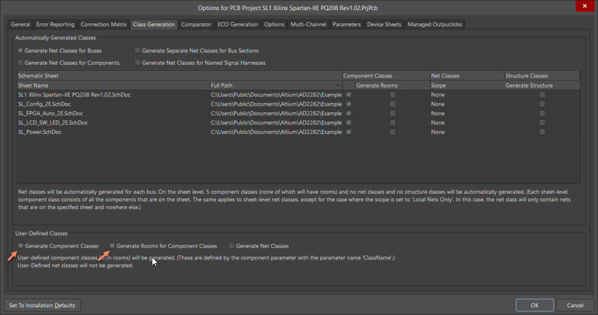 Altium PCB Project Options dialog on the Class Generation tab, showing automatic class generation per schematic sheet and user‑defined component classes enabled, with options to generate rooms and net classes.
