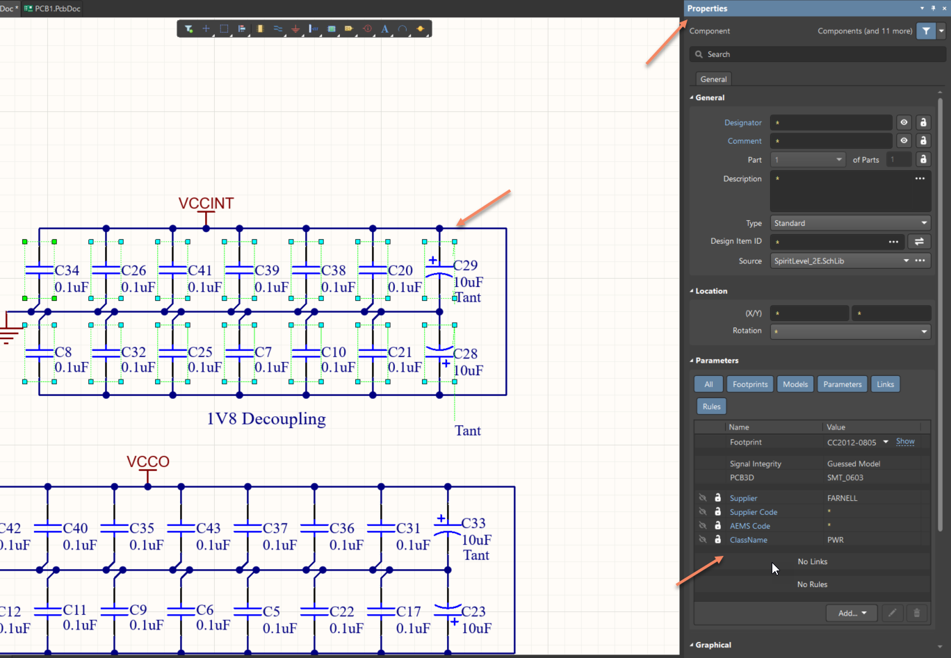 Altium schematic editor showing 1V8 and VCCO decoupling networks with many 0.1 µF and 10 µF capacitors tied to VCCINT. Properties panel displays component rules and footprint assignments for selected capacitors.
