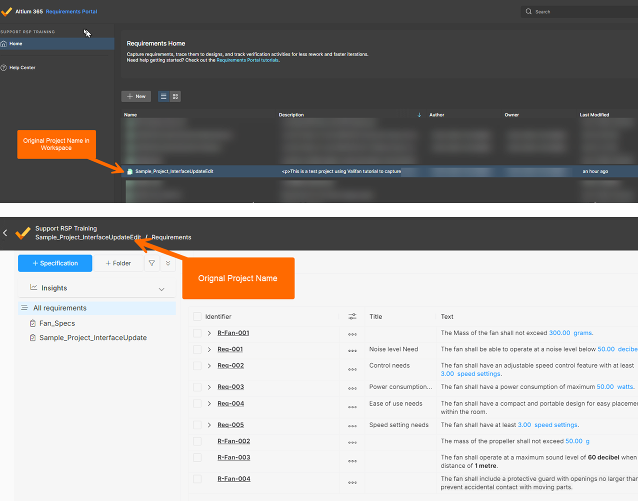 Altium 365 Requirements Portal page showing a project where the workspace project name differs from the name shown inside the requirements view, with callouts labeled “Original Project Name in Workspace” and “Original Project Name.”