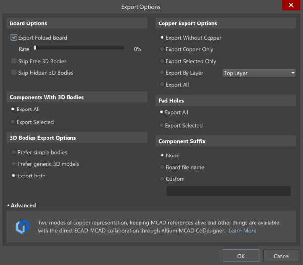 Altium Designer Parasolid Export Options dialog showing Copper Export Options, with Export Without Copper selected and alternatives for copper-only, selected layers, or all copper, alongside pad holes and 3D body export settings.