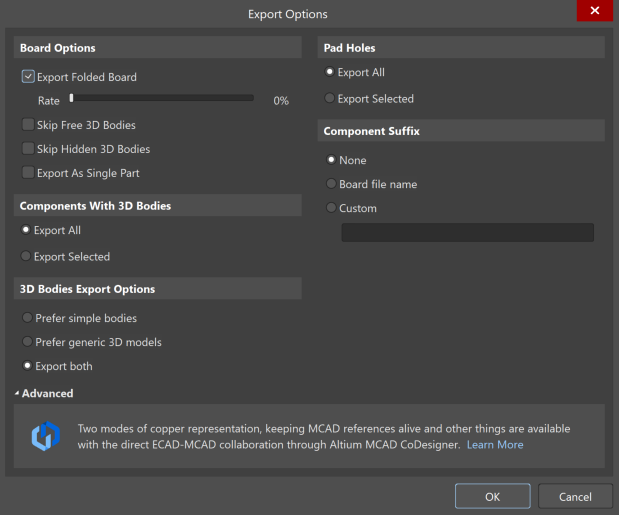 Altium Designer Export Options dialog showing Pad Holes set to Export All, with other board and component 3D export options listed.