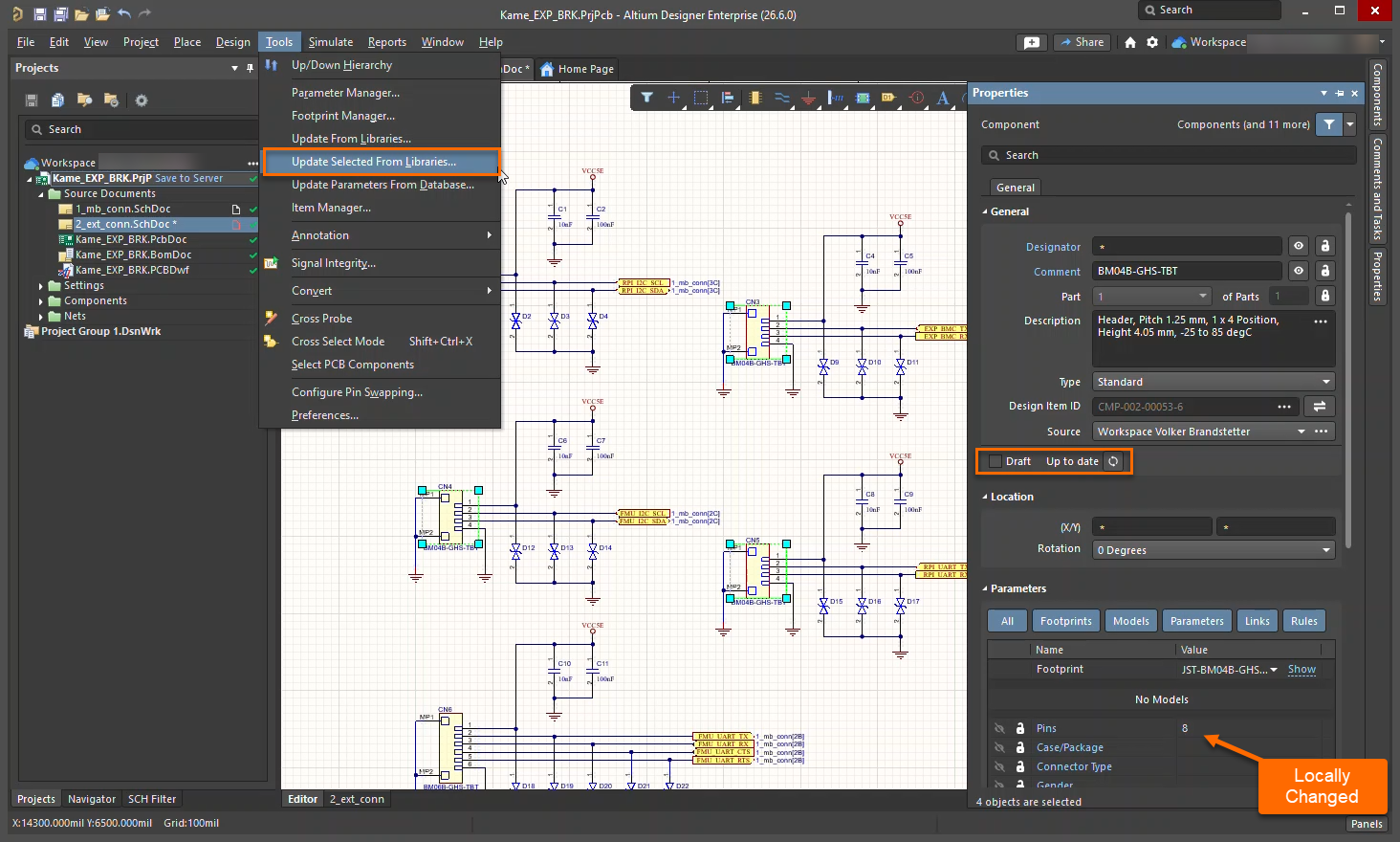 Altium Designer schematic editor with Tools menu open on Update Selected From Libraries; Properties panel shows a component marked Locally Changed.