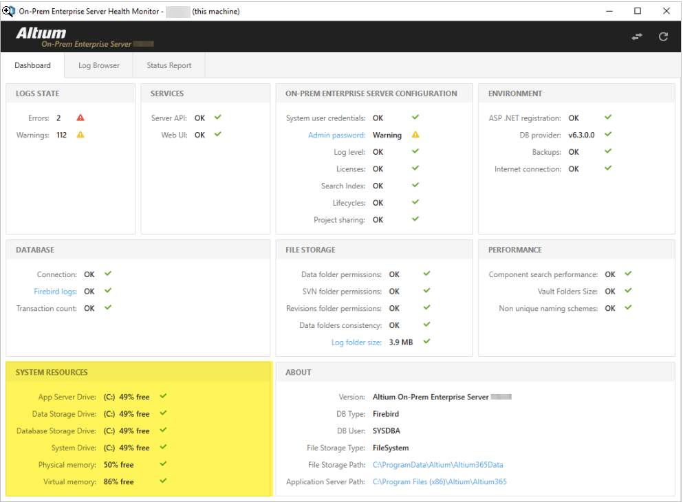 Altium On‑Prem Enterprise Server Health Monitor dashboard showing system status: 2 errors and 112 warnings. Services, database, file storage, environment, and performance report OK; admin password shows a warning.