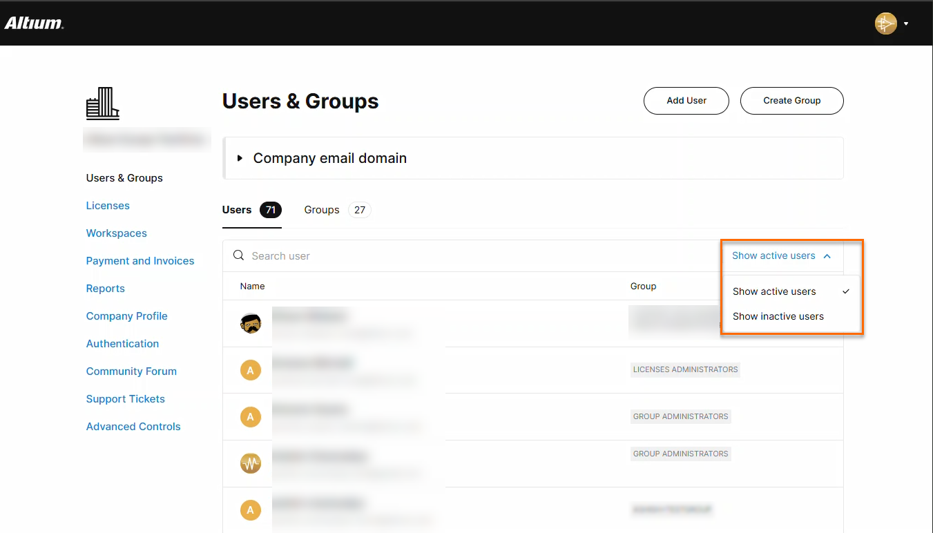 Altium Users & Groups admin page listing users, with a filter menu showing options to display active or inactive users, and user rows showing names and assigned groups.