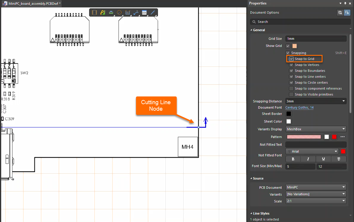 Altium Designer PCB Draftsman document showing a board section cutting line with a visible node, while the Properties panel displays Snapping options with Snap to Grid enabled, illustrating how snapping affects line editing.