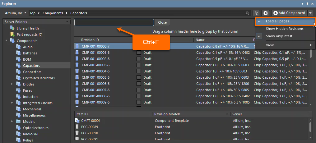 Altium Designer Explorer panel listing Capacitors, with a search field activated via Ctrl+F and an option to Load all pages, showing component revision IDs and draft status to filter and browse library items.