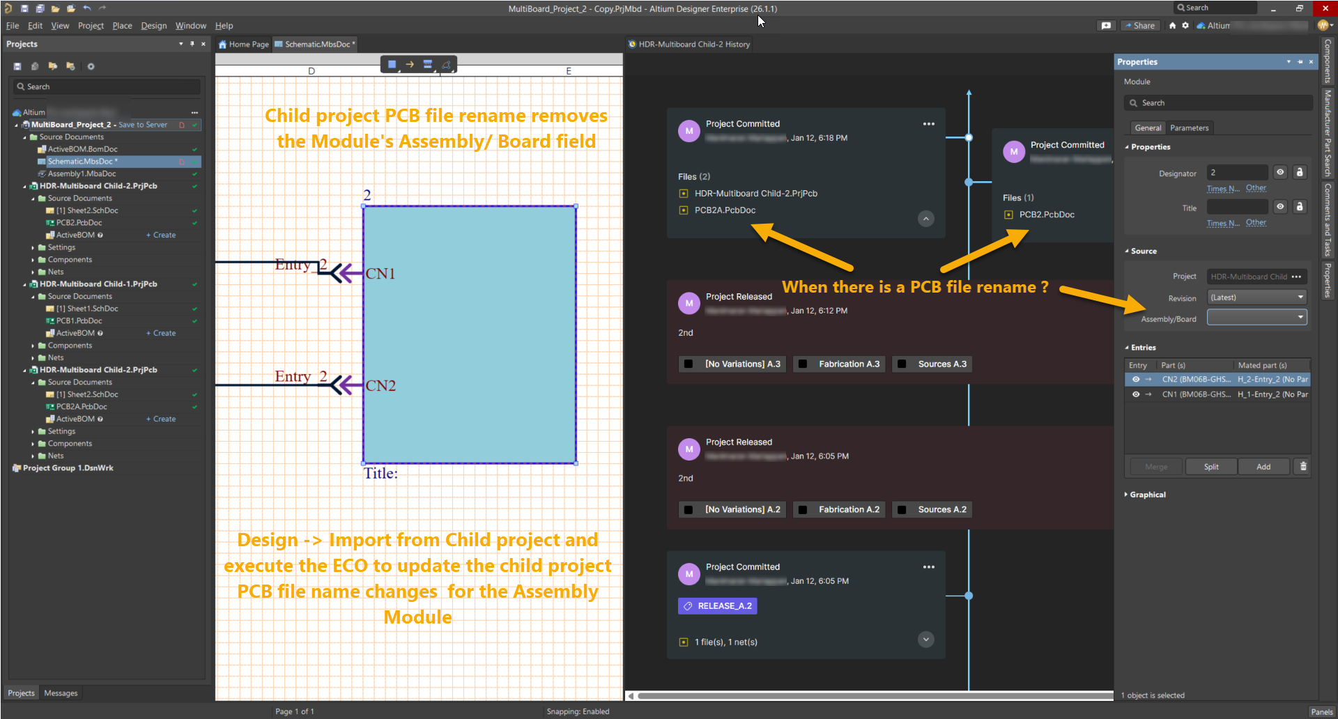 Altium Designer project view showing a child PCB file rename removing the module Assembly/Board field, with notes to import from the child project and run ECO to update the assembly, and a project history timeline where the rename occurs.