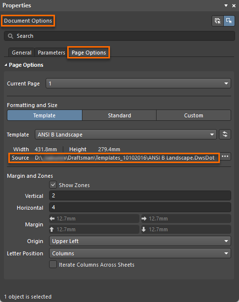 Altium Designer Properties panel, Document Options Page Options, showing Template set to ANSI B Landscape, page size 431.8 by 279.4 mm, and source path to a Draftsman template file.