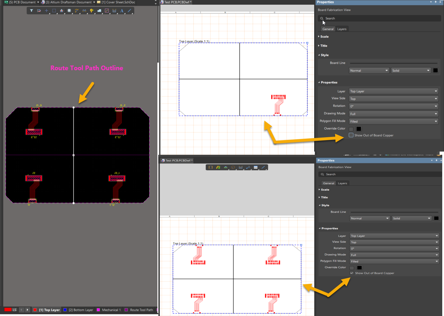 Altium Designer PCB editor views showing Route Tool Path Outline around a panelized board, with board cutout frames and routed connectors; Properties panel shows Board Fabrication View settings with “Show Out of Board Copper” enabled.