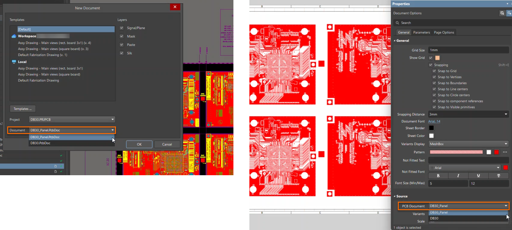 Altium Designer UI with New Document dialog selecting DB30_Panel.PcbDoc, and Properties panel showing Source set to PCB Document DB30_Panel