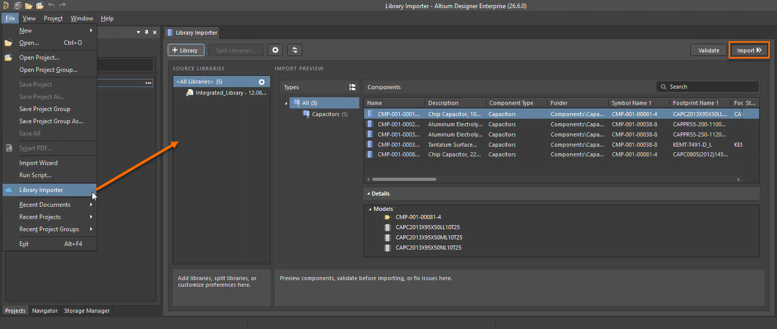Altium Designer Library Importer dialog showing source library “Integrated_Library 12.0%” loaded, component list preview, and Import action available after validation.