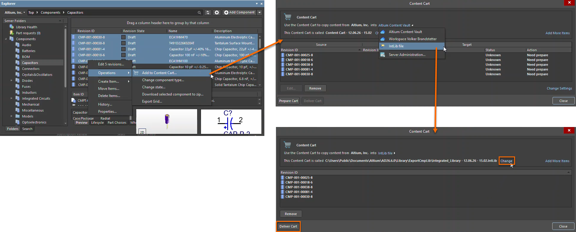 Altium Designer Explorer and Content Cart dialog, showing workflow to add items to Content Cart and change target workspace, with multiple components listed and status Need prepare.