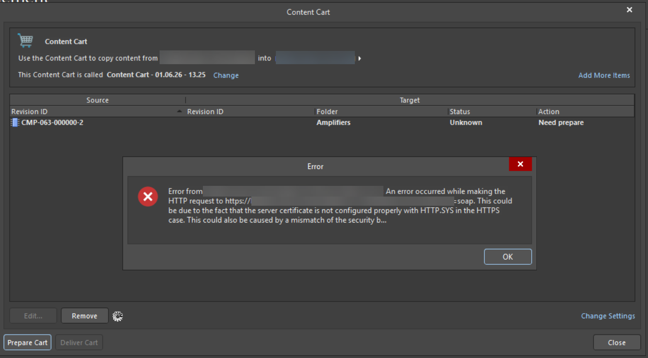 Altium Content Cart dialog with error: HTTP request to https endpoint failed; server certificate misconfigured or HTTPS security mismatch. Cart lists CMP-063-00000002 with status Unknown and action Need prepare.