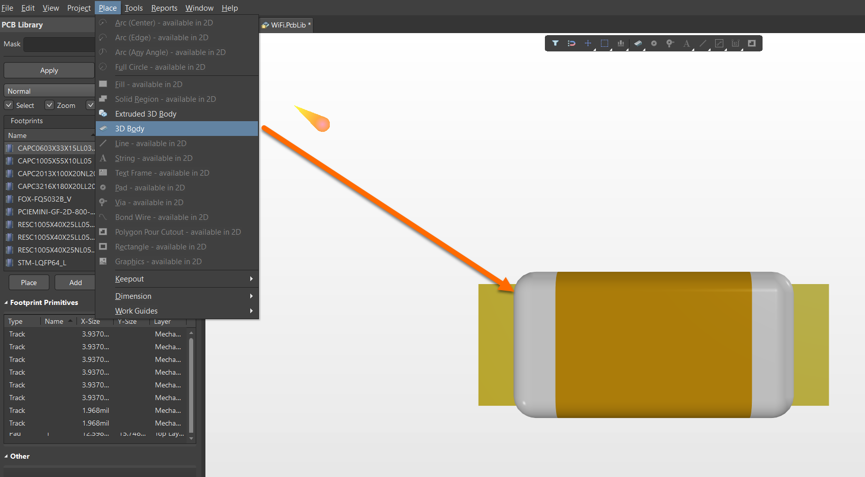 Altium Designer PCB Library view with Place menu open selecting “3D Body,” showing a capacitor footprint with a 3D body being positioned onto the component.