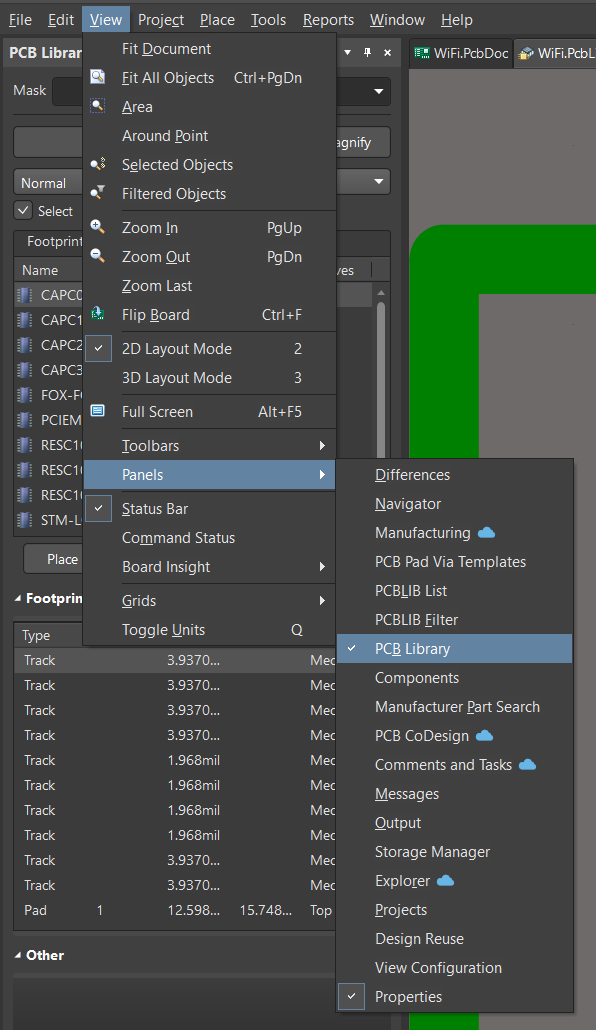 Altium Designer View menu open with Panels submenu, showing PCB Library panel selected, indicating navigation path to display the PCB Library panel.