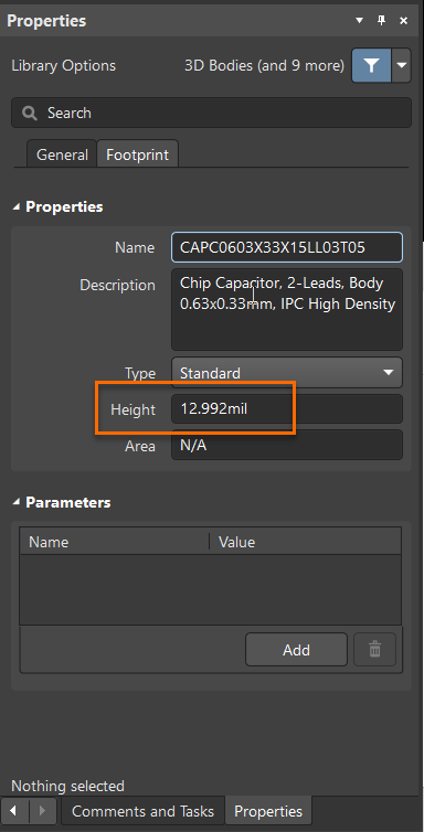 Altium Designer Properties panel for a PCB footprint, showing a capacitor footprint with Height set to 12.992 mil and Type set to Standard.