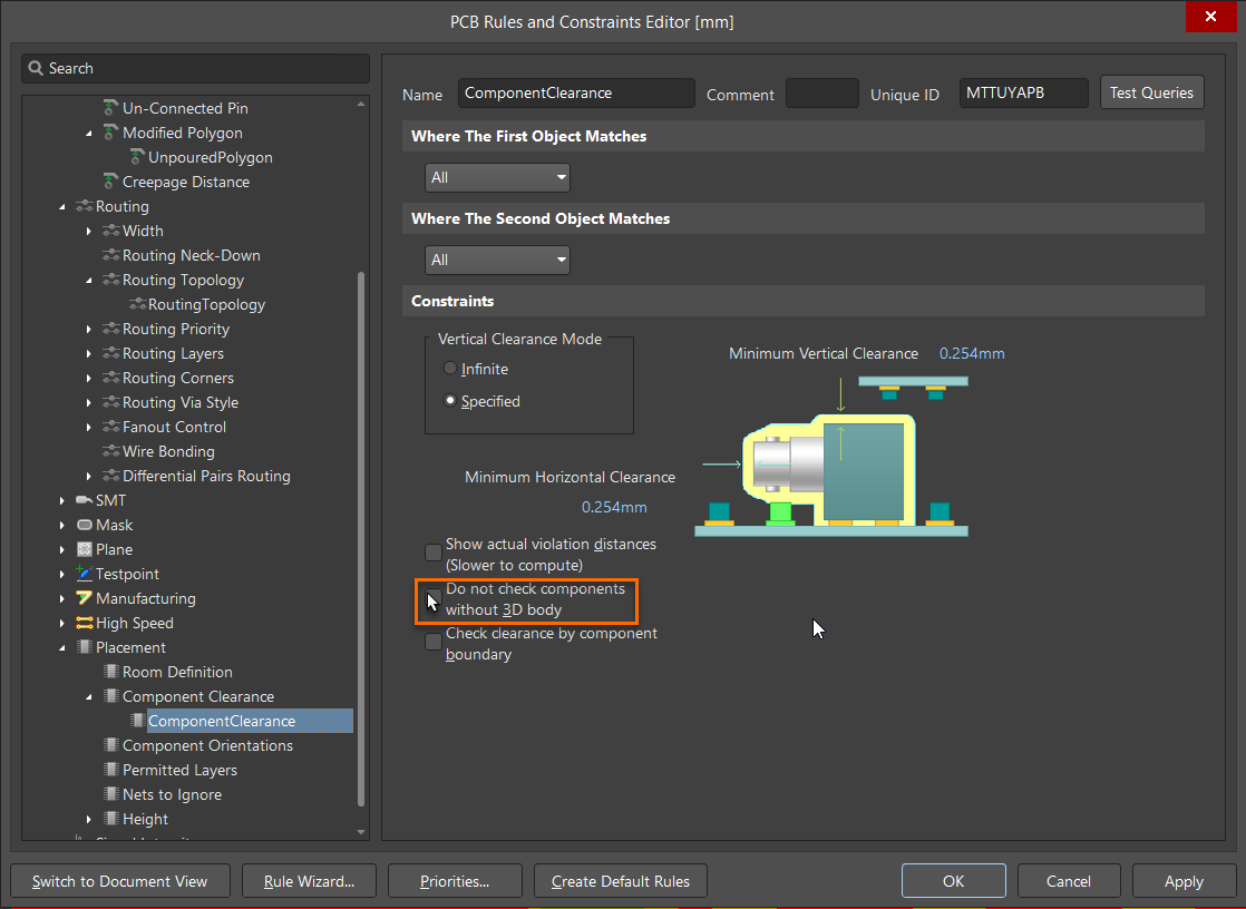 Altium PCB Rules and Constraints Editor showing Component Clearance rule with “Do not check components without 3D body” enabled, affecting clearance checks based on 3D models.