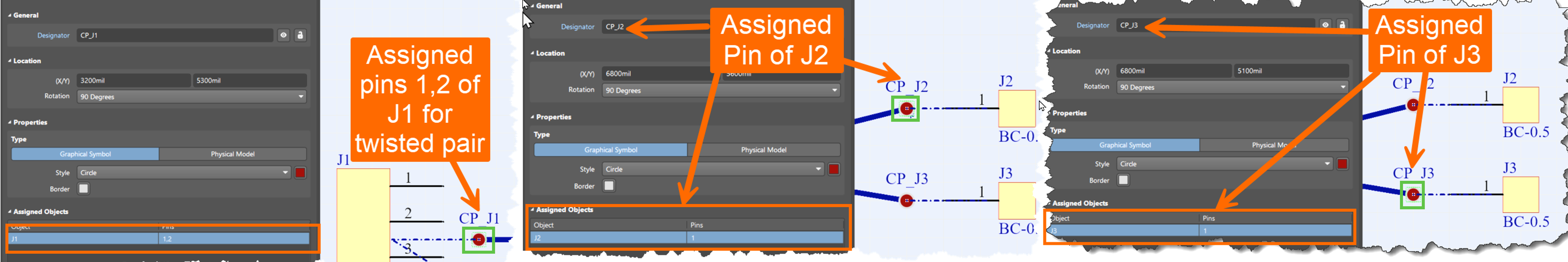 Altium Designer properties panels showing connection points: CP_J1 assigned to pins 1 and 2 of J1 for a twisted pair, while CP_J2 and CP_J3 each have one assigned pin to connectors J2 and J3.