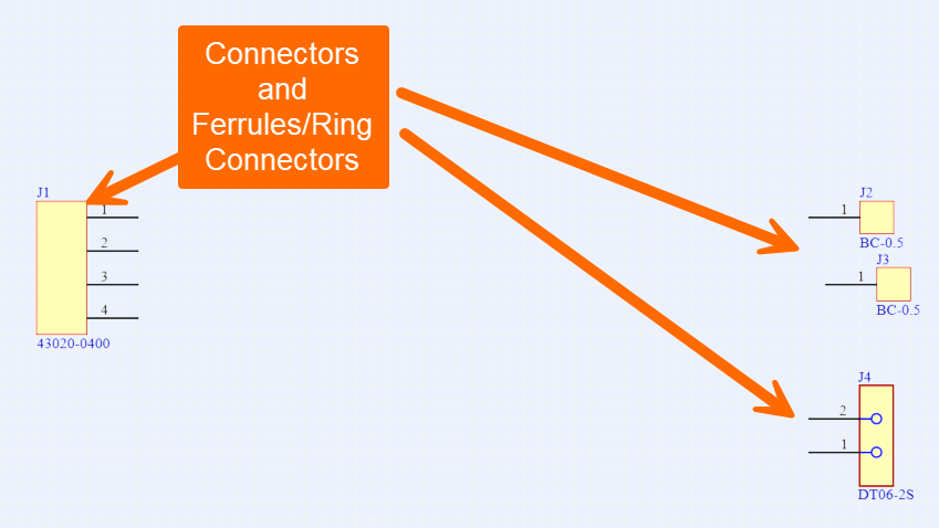 Schematic diagram showing connectors and ferrules/ring connectors: J1 four‑pin connector labeled 43020‑0400, with arrows pointing to J2 and J3 single‑pin BC‑0.5 connectors and J4 two‑pin DT06‑2S