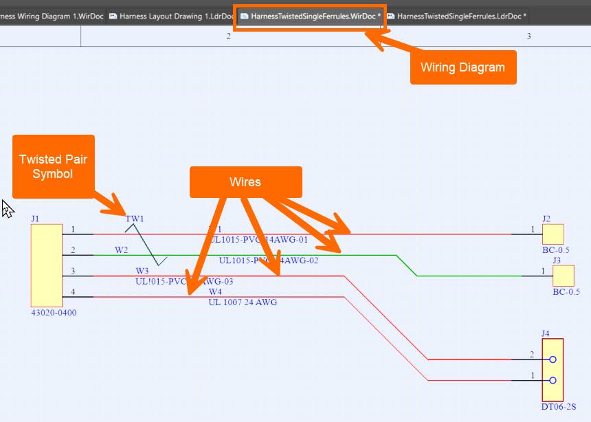 Wiring diagram showing a twisted pair (TW1) from connector J1 to J2 and J4, with individual wires labeled W1–W4 and UL wire specifications. Annotations call out the twisted pair symbol, wires, and the wiring diagram tab