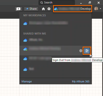 Altium Designer workspace menu showing account flyout, with Sign Out option selected under shared workspaces.