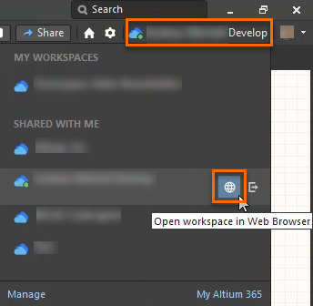 Altium Designer workspace menu with account flyout open, showing shared workspaces list and an “Open workspace in Web Browser” icon/action available for a selected workspace.