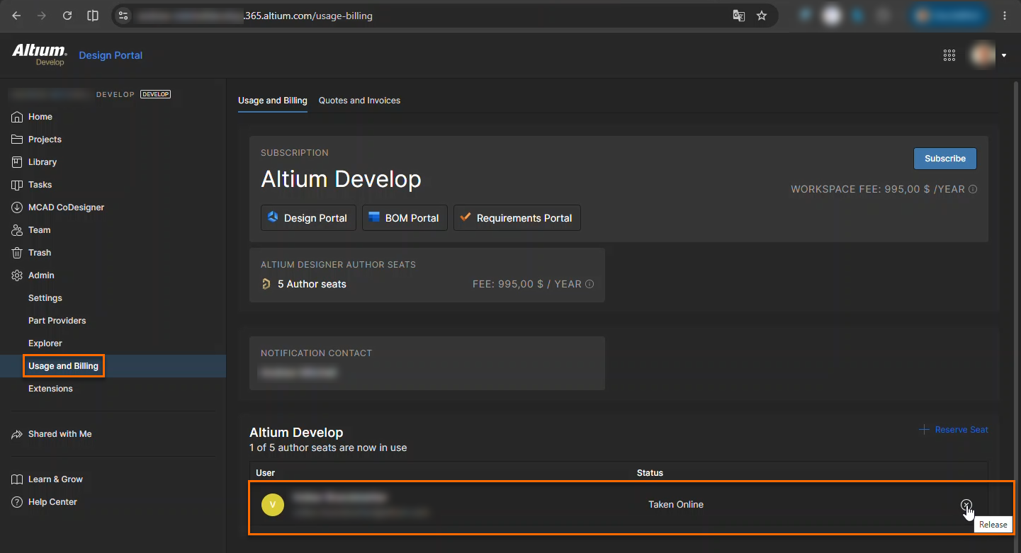 Altium 365 Design Portal Usage and Billing page showing Altium Develop subscription, 5 author seats with 1 in use, and a user listed with status Taken Online and option to release the seat.