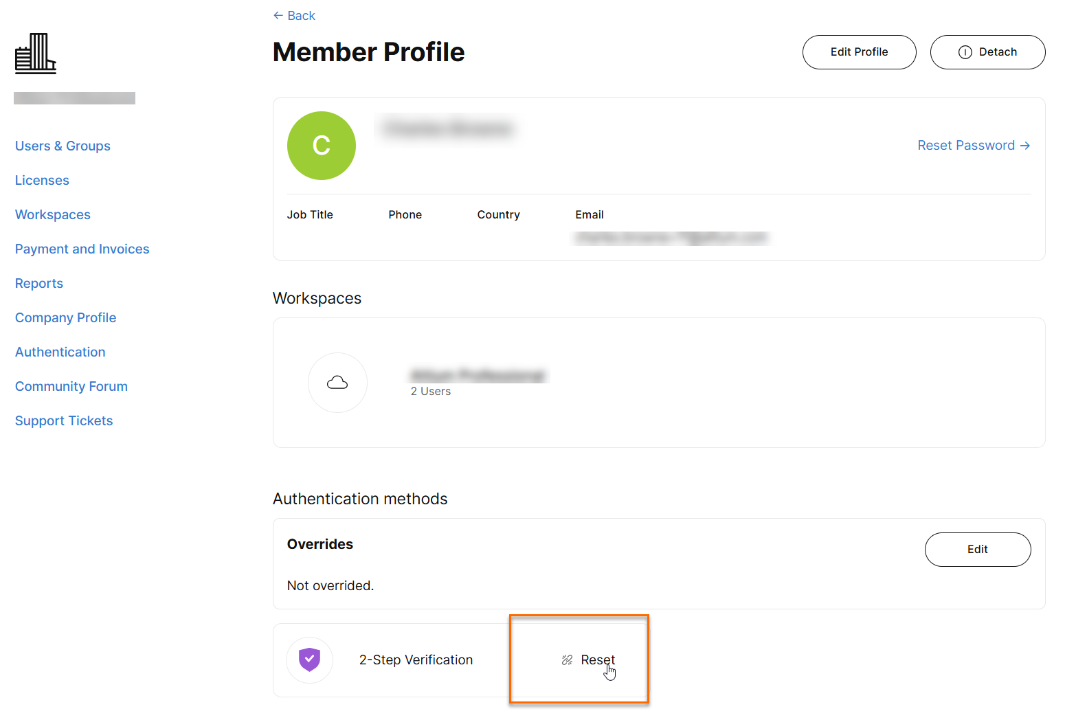 Member Profile page showing Authentication methods section, with 2‑Step Verification enabled and a Reset option available for the user.