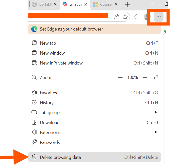 Microsoft Edge menu open with options like New tab and History, showing user signed in and “Delete browsing data” selected to clear cookies and cached files.