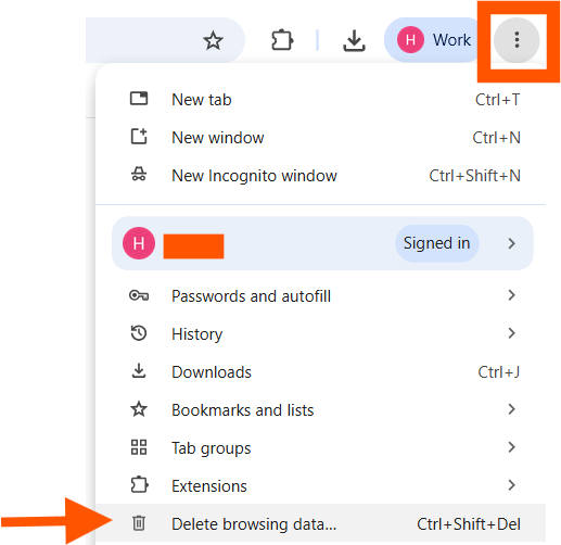 Chrome browser menu open with options like New tab and History; user profile shown as signed in, and Delete browsing data selected from the menu to clear cookies and cached data.
